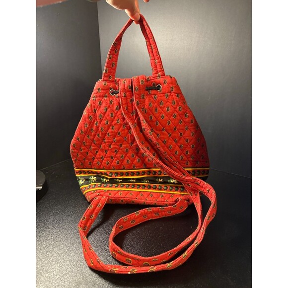 Vintage Red Quilted Cotton Backpack Purse Folk Floral Drawstring Tote Bag 13" - Picture 3 of 9
